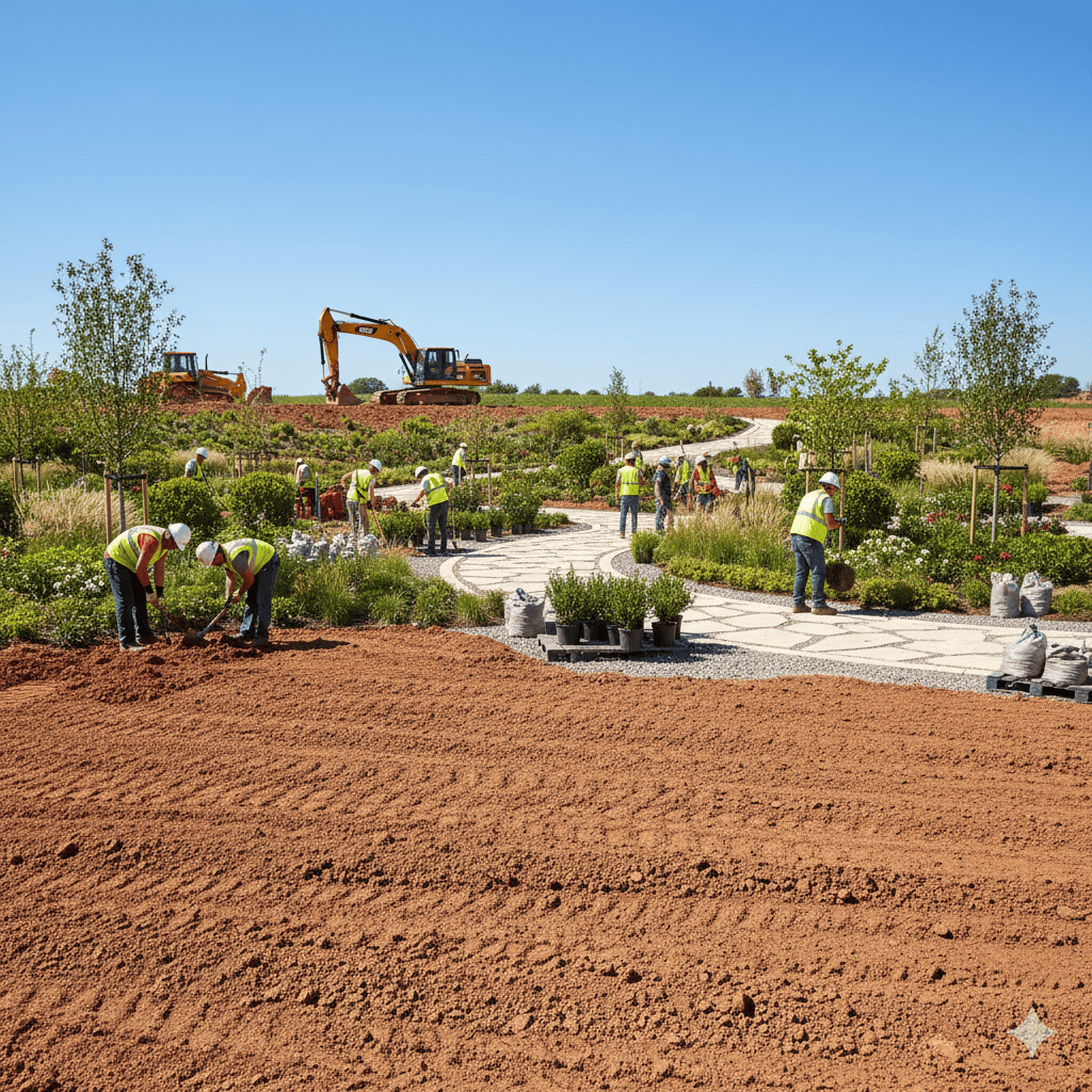 Landscape view of a property development site with grading, planting, and landscaping work in progress under clear daylight.