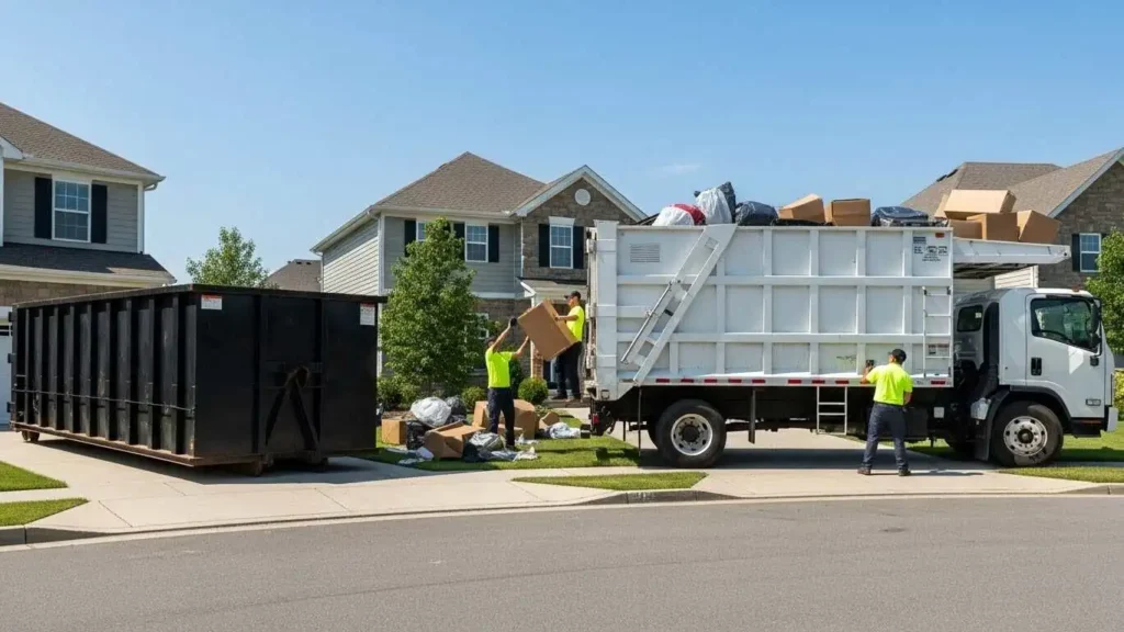 Before and after cleanup showing junk removed from a residential yard