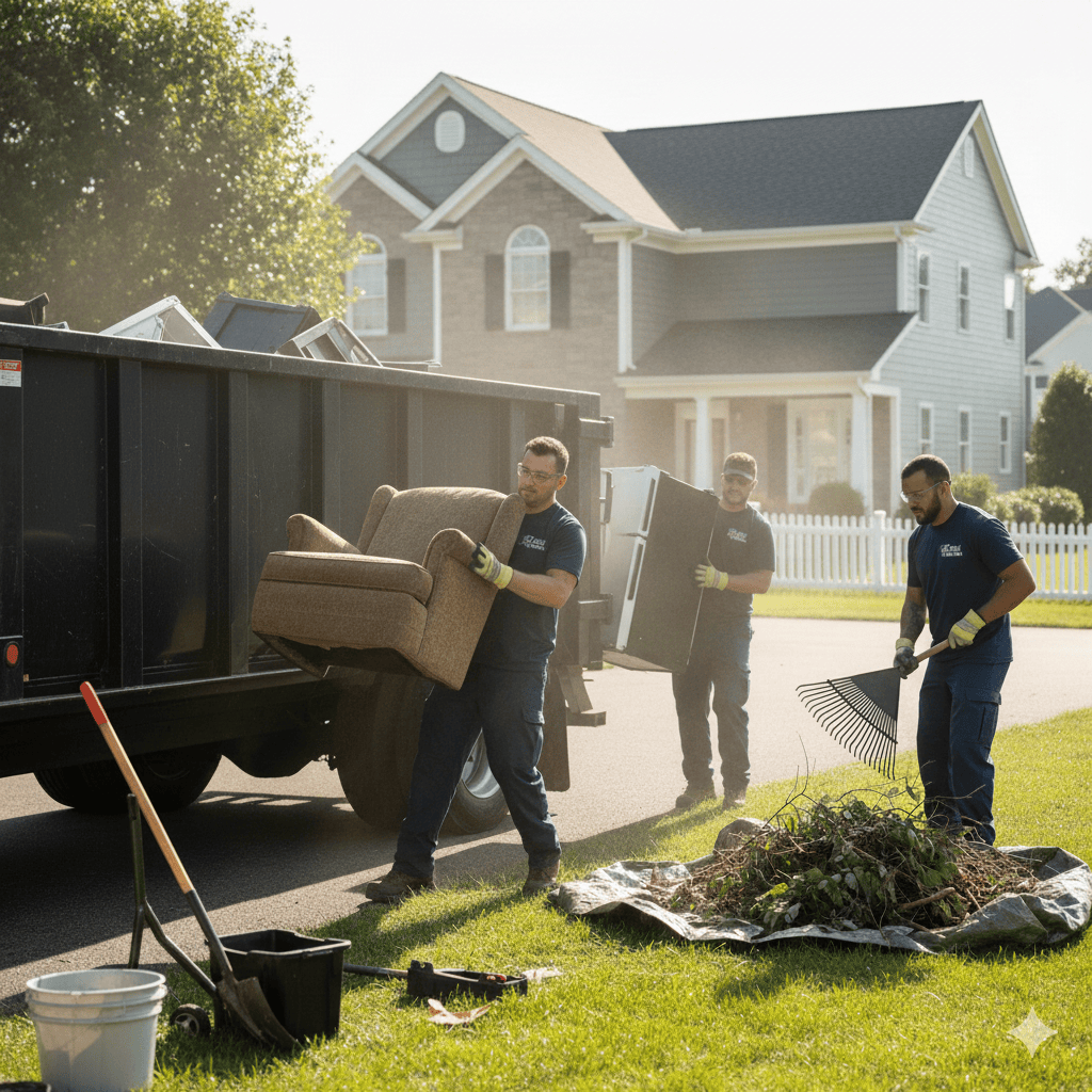 Emergency junk pickup team removing debris and furniture.